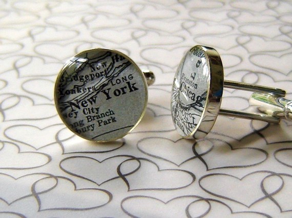 Cuff links using maps of any two towns in the world