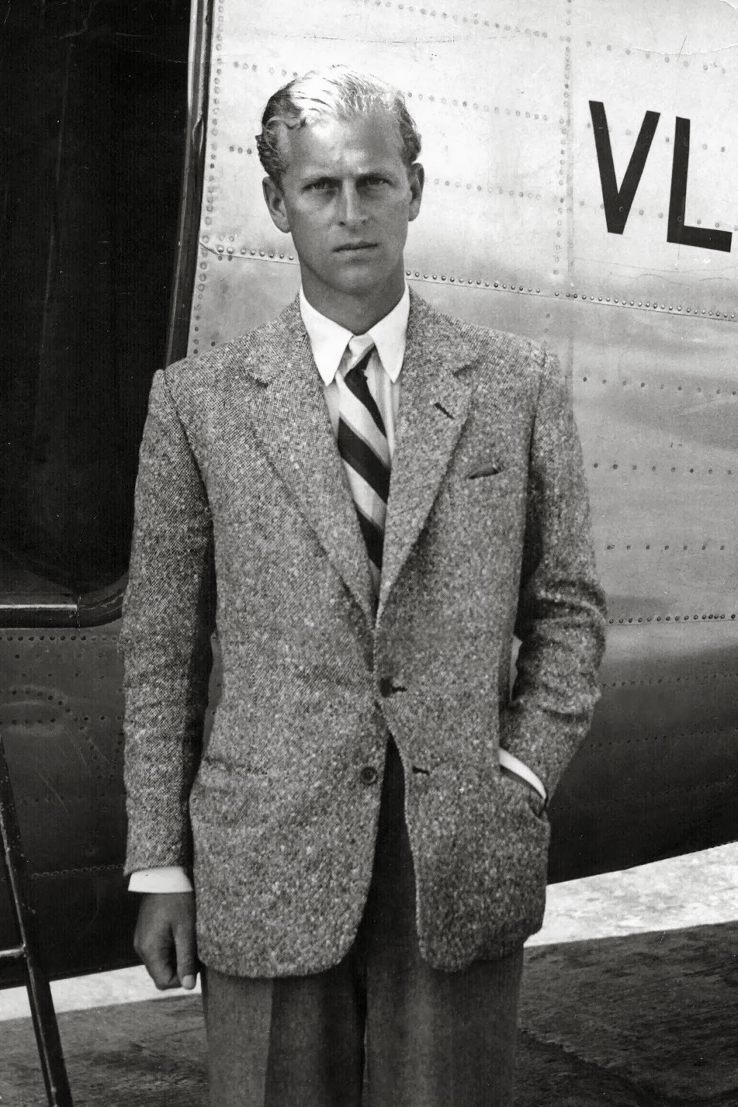 Prince Philip in contrasting textures and a block stripe necktie